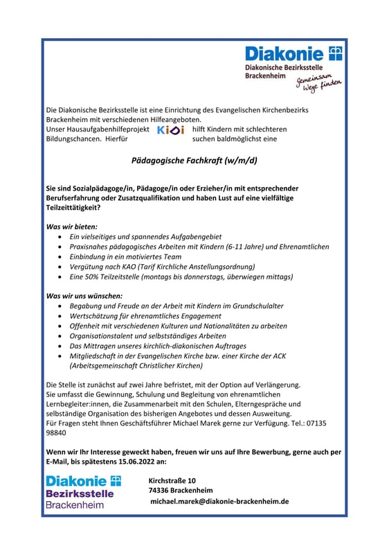 Pädagogische Fachkraft (w/m/d) gesucht